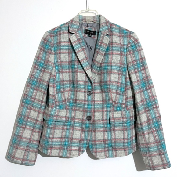 TALBOTS Wool Blend Grey, Coral & Turquoise Plaid Shetland Blazer - Picture 2 of 11